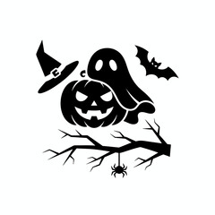 A black and white illustration of Halloween elements including a jack-o'-lantern, a ghost, a witch's hat, a bat, a spider, and a bare tree branch.