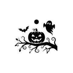 A spooky Halloween scene featuring a carved pumpkin on a branch with a bat and a ghost under a full moon.