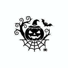 A spooky black and white illustration of a Halloween pumpkin wearing a witch's hat, surrounded by a spider web, a bare tree, and a bat.