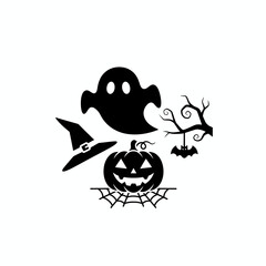 A black and white illustration featuring classic Halloween symbols like a ghost, witch hat, jack-o'-lantern, bat, and spooky tree branches.