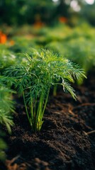 Exclusive photo of young carrot plant growing in rich dark soil in a garden.