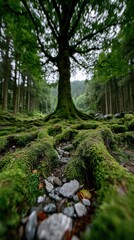 Majestic old tree with massive moss-covered roots in green forest symbolizing strength growth nature connection and deep environmental harmony concept