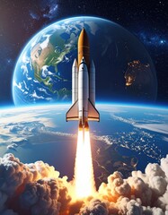 Obraz premium Shuttle launches. Earth backdrop, cloud smoke, bright flames