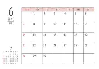 2026年 6月 シンプル書き込みカレンダー