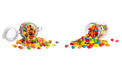 Colorful jelly beans and candies isolated on white background. Red, green, blue, yellow and orange candies