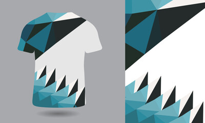 Abstract Tee Design: A close-up view of a unique T-shirt design, featuring an array of geometric shapes and shades of teal, exuding a sense of contemporary style.