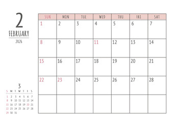 2026年 2月 シンプル書き込みカレンダー