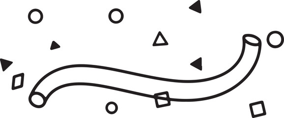 Minimalist Festive Streamer Icon with Geometric Confetti – Black Line Art Celebration Design for Holiday, Party, and Event Themes