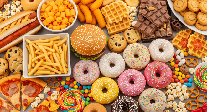 Assortment of unhealthy foods including junk food sweets and sugary drinks creates a visually appealing stock photo 110chars