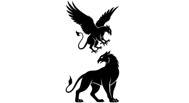 Mythical griffin and lion silhouette with transparent background