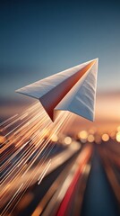 White paper airplane flying fast through blurred evening city lights symbolizing innovation, startup growth and success in business communication and logistics concept