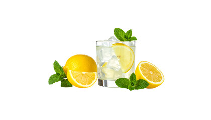 Fototapeta premium Fresh lemon and lime drink mixed with mint and ice in a refreshing glass on a white background