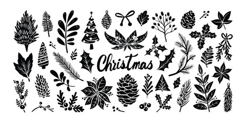 Set of isolated Christmas plant, vine and branch elements in black silhouette for holiday seasonal on transparent background.