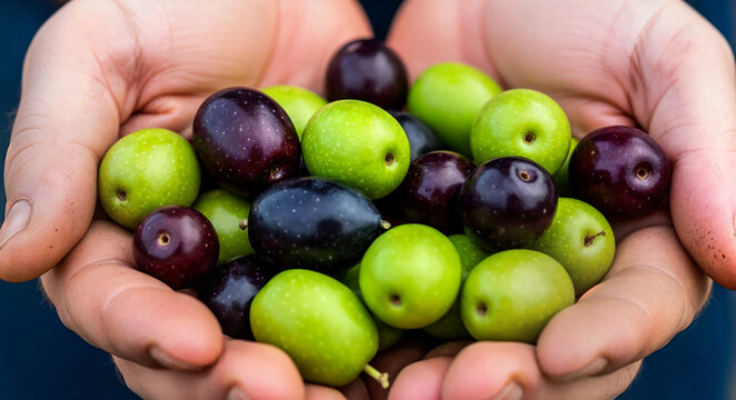 Fresh green and black olives held in open hands  