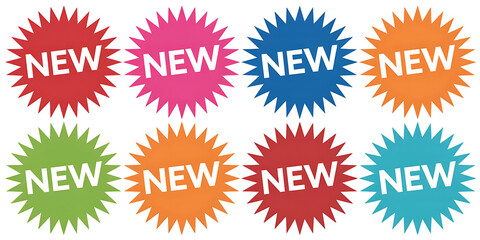 Collection of eight colorful starburst new badges in red, pink, blue, orange, green