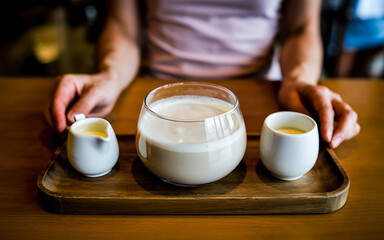 A glass of milk with two small pitchers on a wooden tray