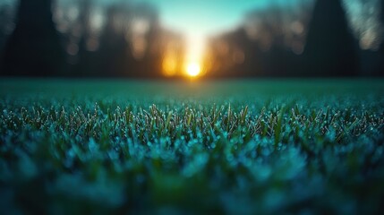 Low-angle shot of dewy grass in sunlight, with out-of-focus trees and sunrise backdrop
