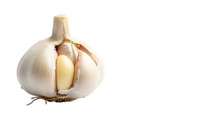 Single garlic bulb with a clove exposed isolated on a white background perfect for culinary or health-related designs