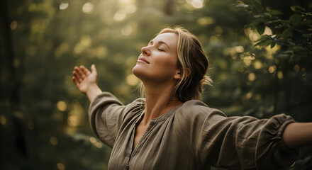 Young woman embracing freedom in nature and seeking a mindful lifestyle in a forest clearing during a tranquil sunrise