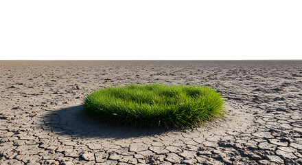 Patch of green grass in dry cracked earth isolated on white symbolizing hope and resilience in a changing climate