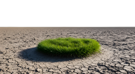 Patch of green grass in dry cracked earth isolated on white symbolizing hope and resilience in a changing climate