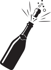 Champagne Bottle Popping Icon – Celebration, Party, Festive Toast, New Year Cheers, Luxury Drink Symbol – Black and White Vector Illustration