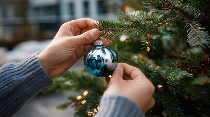 Close-up of hands adjusting branches with defocused figure and sharp Christmas ornament and needles visible, with copy space