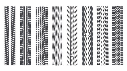 Collection of tire tread patterns and tracks isolated on white background