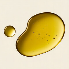 A drop of golden oil with small bubbles isolated on white background