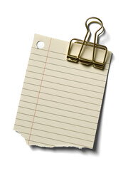 A torn piece of lined paper held by a gold binder clip isolated on white background