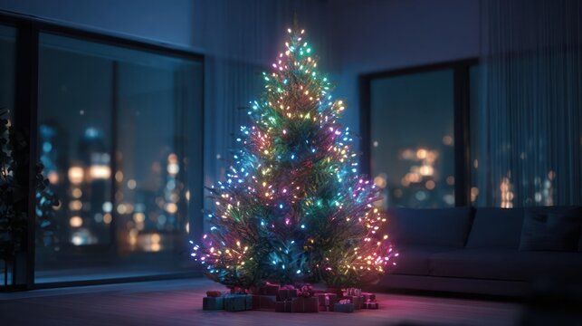 Illuminated christmas tree adorned with colorful lights stands tall indoors with cityscape bokeh background