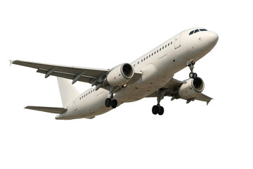 White passenger airplane in flight. Aircraft traveling for business or vacation trips. Transparent background provided