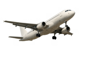White passenger airplane in flight. Aircraft traveling for business or vacation trips. Transparent background provided