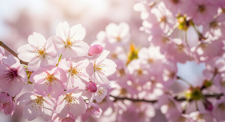 Naklejka premium Soft pink cherry blossoms bloom, creating a dreamy springtime aesthetic perfect for wedding invitations, nature blogs, and delicate floral designs