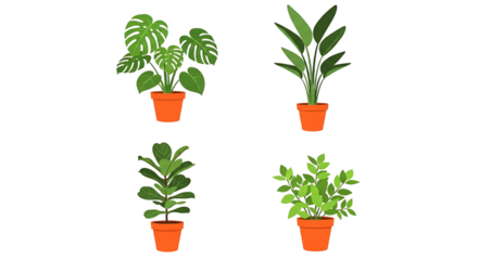 Four potted houseplants including monstera, snake plant, fiddle leaf fig, and a leafy bush, isolated on transparent background