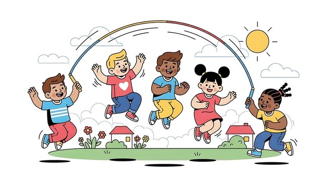 Children playing jump rope in a sunny outdoor scene with houses and flowers.