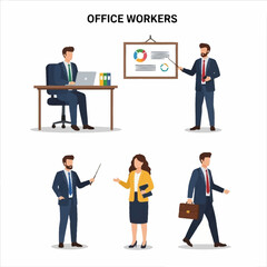 Professional office workers engaged in various business activities and presentations.