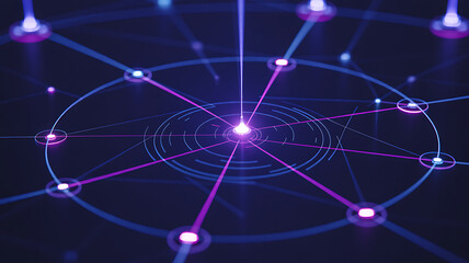 Abstract network of glowing purple and blue nodes connected by light beams