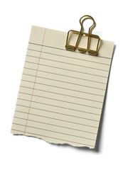 A single sheet of lined paper held by a gold binder clip isolated on white background