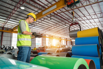An Engineer inspecting inventory data on a laptop amidst stacks of colorful steel coil rolls under a crane in a bright industrial warehouse.