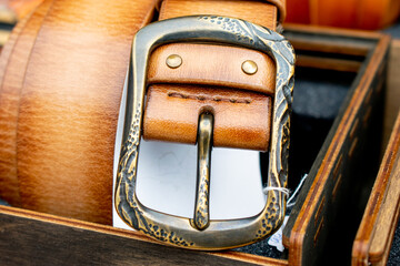 High quality leather belts on display