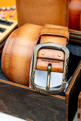 High quality leather belts on display