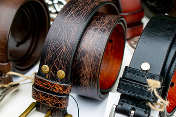 High quality leather belts on display