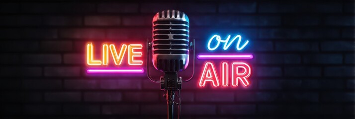 Exclusive photo of retro microphone with neon live on air sign in a studio.