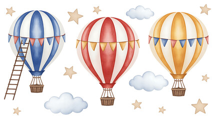 Three colorful hot air balloons with clouds and stars