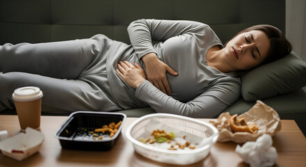 Woman suffering from stomach ache on sofa, feeling bad after eating junk food, indigestion and pain, fast food side effects