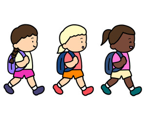 歩いて登校するミックス女の子　3人セット
