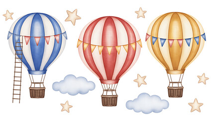 Three hot air balloons with flags and stars