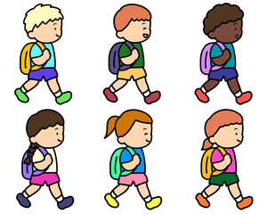 歩いて登校するミックス男女　6人セット