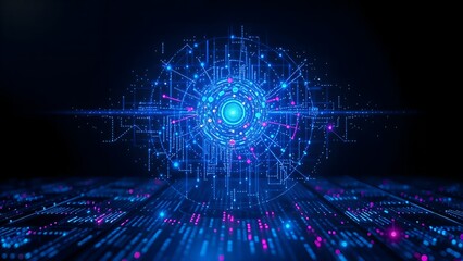 Abstract blue sphere energy reactor or molecule technology with glowing digital fractal light, binary code, and futuristic star pattern